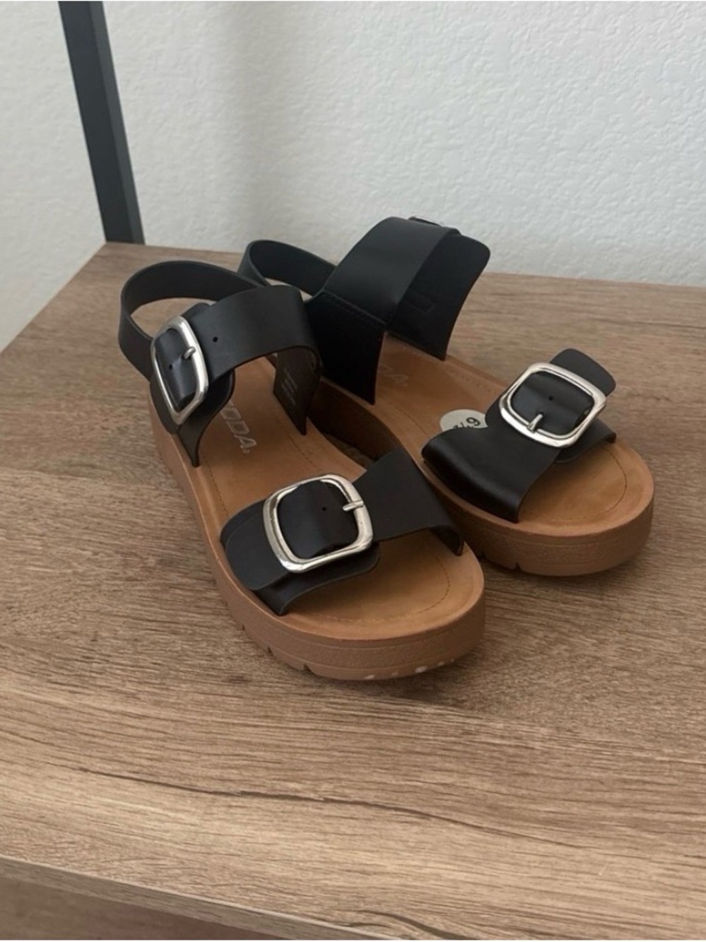 Soda Black Double-Buckle Platform Sandals